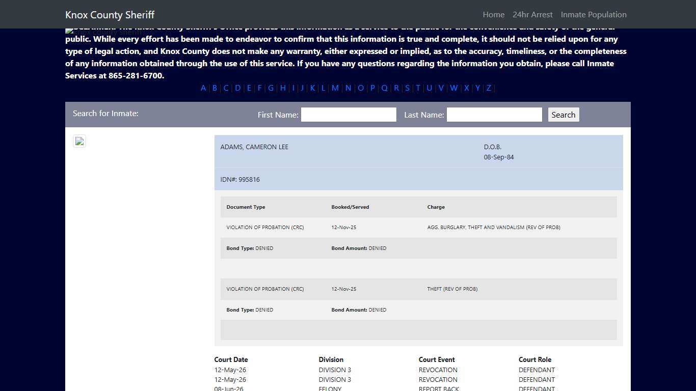 Knox County Tennessee - Sheriff - Inmate Population